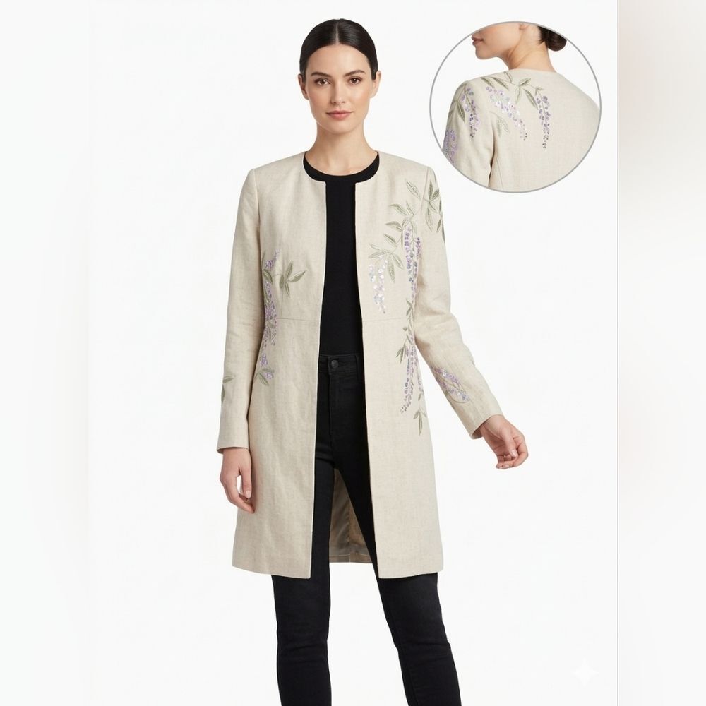 Linda Allard Ellen Tracy 100% Linen Embroidered Duster Coat Size 4 Quiet Luxury